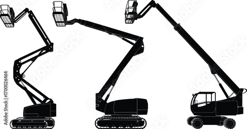 Tracked boom lift, telescopic boom lift, wheeled boom lift, cherry picker, aerial work platform, construction equipment, industrial machinery, maintenance lift, safety platform, elevated work