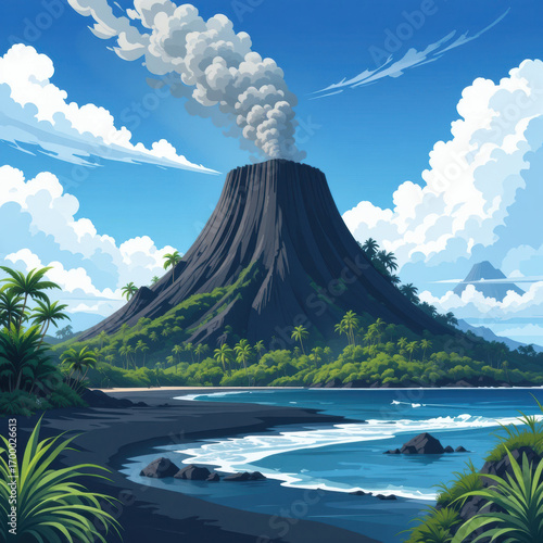 Scenic illustration of a tropical island landscape with a smoking volcano, lush jungle, and a black sand beach