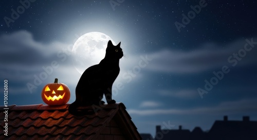 Mysterious black cat watches over glowing jack-o'-lantern on rooftop under full moon night