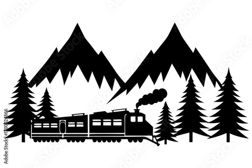 Cozy train passing through snowy mountains, smoke from engine,  silhouette vector travel illustration