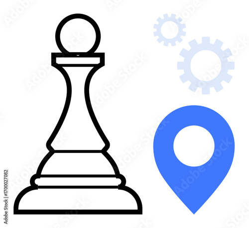 Black chess pawn next to a blue location marker and gear icons, representing strategy, planning, innovation, decision-making, teamwork, process optimization, and navigation. A simple flat metaphor