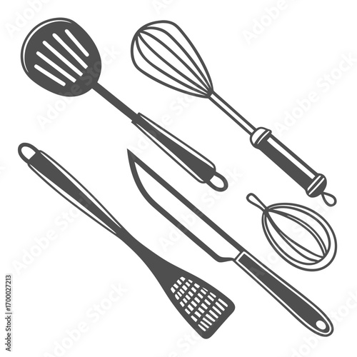 A black and white vector set of kitchen utensils including a spoon, fork, and spatula, isolated on a white background