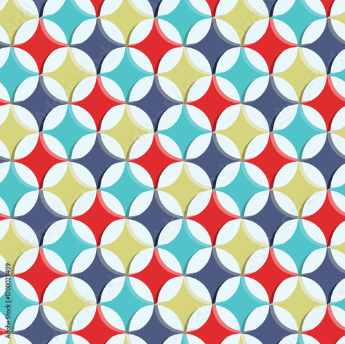 A seamless retro geometric pattern of overlapping circles and four-pointed star shapes. For wallpaper, fabric printing, wrapping paper, or any design needing a vintage background.