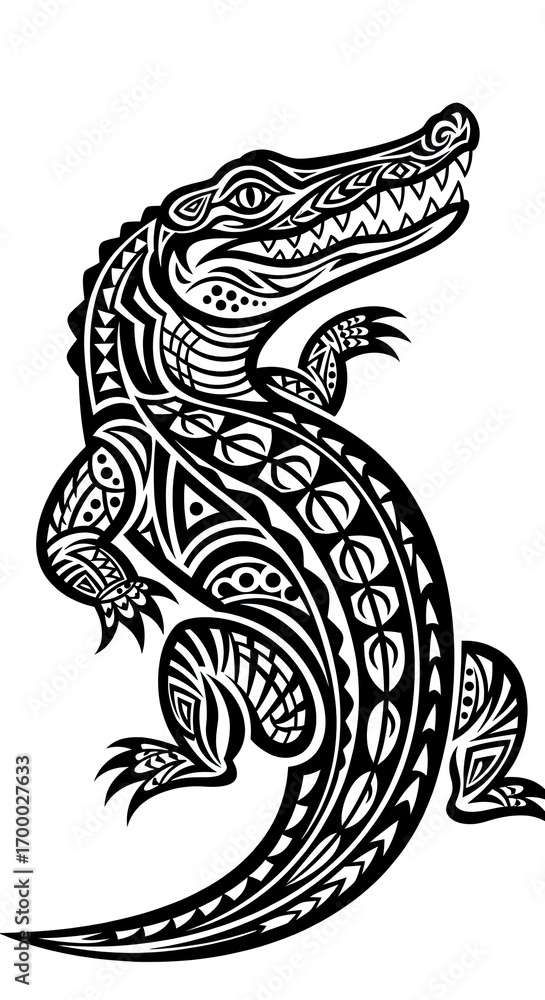 Obraz premium Tribal Crocodile Tattoo Design - Black and White Stylized Alligator Art with Polynesian Patterns