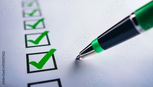 a close up of a pen marking checkboxes on a paper the green ticks symbolize completion and success this image is great for productivity themes and office related content ai