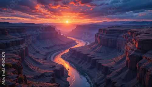 The golden hour light of a dramatic sunset illuminates a winding river through a vast and rocky canyon