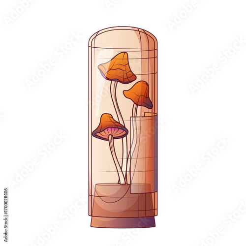 Vector illustration of mushrooms under glass dome. Creepy autumn decoration, halloween spooky element, mysterious poisonous fungi in jar. For Halloween design. Autumn concept.