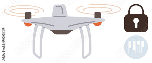 quadcopter hovering with spinning propellers paired with a padlock and data bars, showcasing themes of security, technology, and surveillance. Ideal for privacy, encryption, tech innovation, remote
