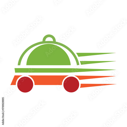 Green and orange food cloche with red wheels moving fast delivery speed
