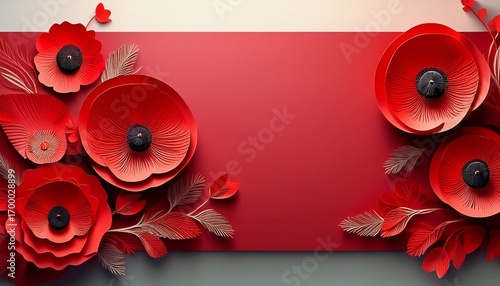 banner with paper cut red poppy flower symbol for remembrance memorial anzac day