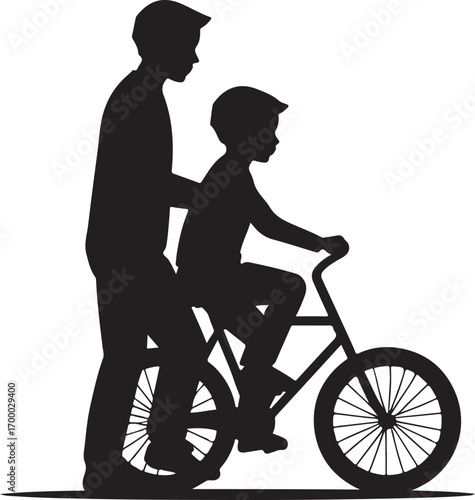Silhouette of a father teaching his son to ride a bicycle learning