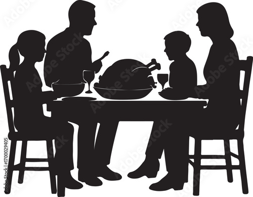 Silhouette family gathered around a table with a roasted turkey and wine glasses dinner thanksgiving