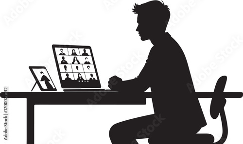 Silhouette of a man participating in a video conference call on a laptop online meeting
