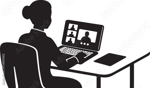 Silhouette of a person in a suit participating in a video conference on a laptop woman business