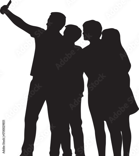 Silhouette of four people taking a selfie with a selfie stick group