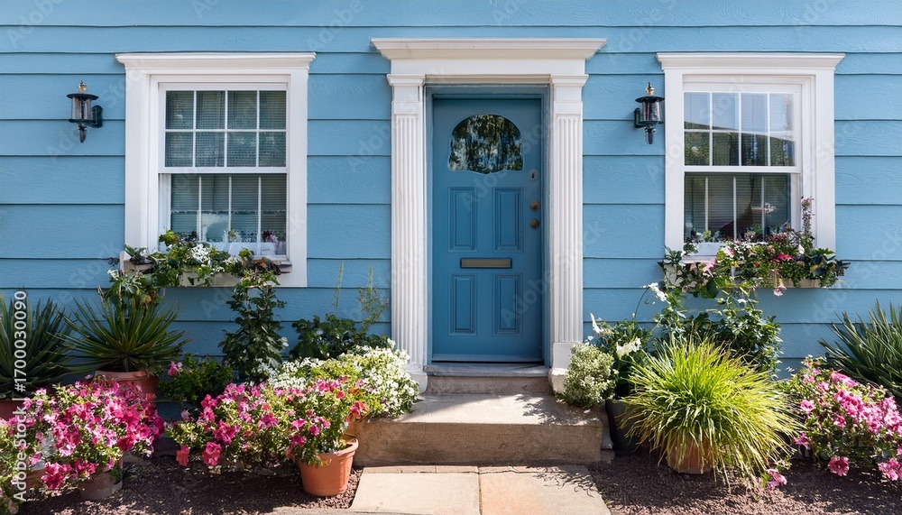 Fototapeta premium sunny blue house exterior with flowers plants and a light blue door