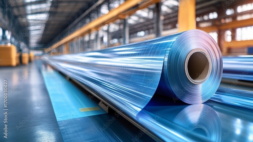 Fototapeta premium Unwinding Protective Foil Wrap Reveals Underlying Metallic Machinery at the Installation Site