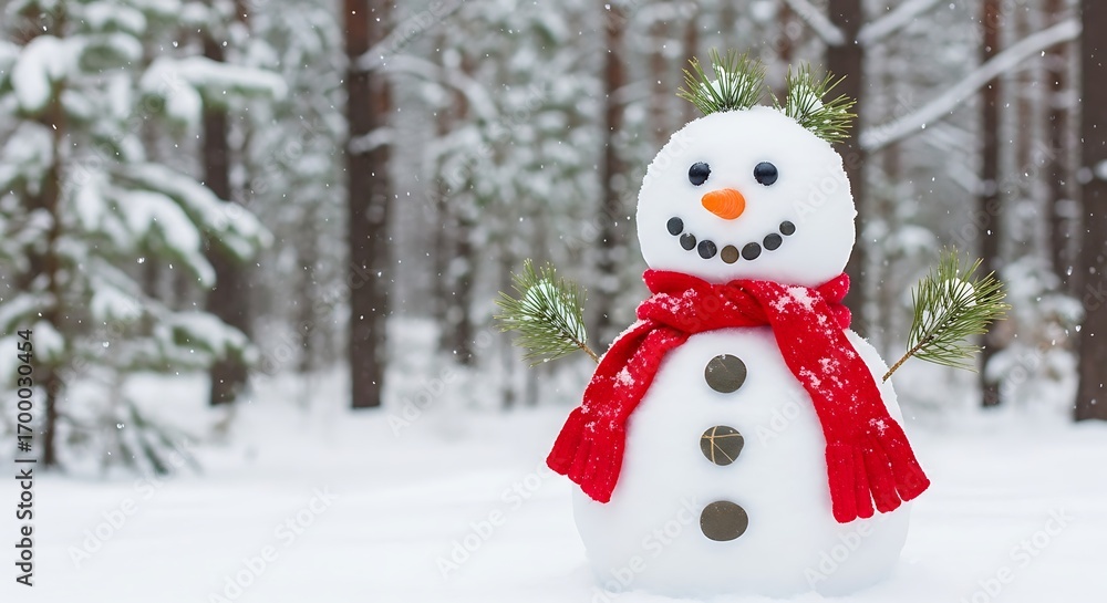 Obraz premium Whimsical snowman in snowy winter forest scene during snowfall