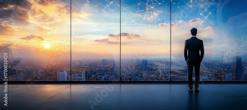 Ambitious Entrepreneur Contemplating a Futuristic Cityscape, Vision of Corporate Success Ahead