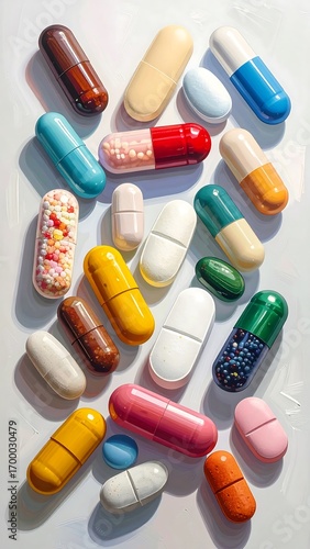 A colorful assortment of pills and capsules, meticulously arranged on a light background, showcasing various hues and textures.