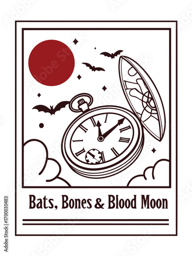 A Vintage Pocket Watch Broken Open With Flying Bats, Gothic Clock Illustration, Spooky Halloween Vector Art, Dark Fantasy Design