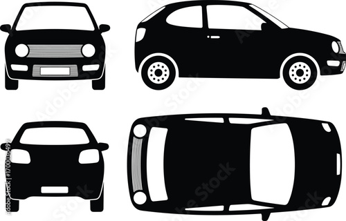 Car silhouette, front view, side view, rear view, top view, vehicle design, automotive illustration, transport, passenger car, four wheel drive