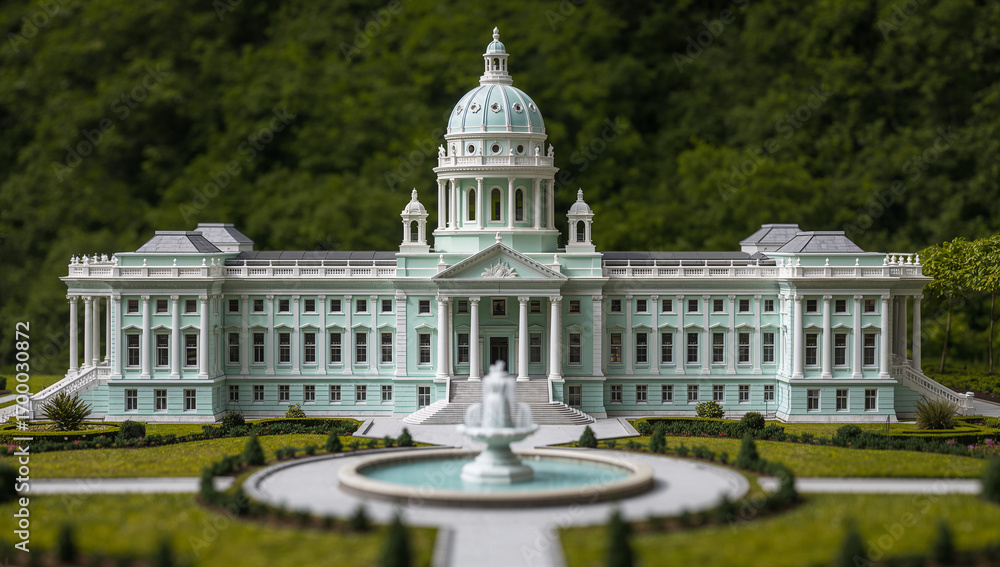 Fototapeta premium Pale green neoclassical building dome fountain miniature