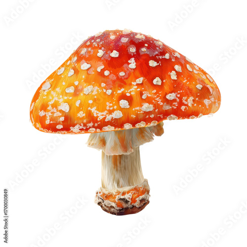 A colorful mushroom displaying bright red and orange hues with white spots stands in a lush forest setting
