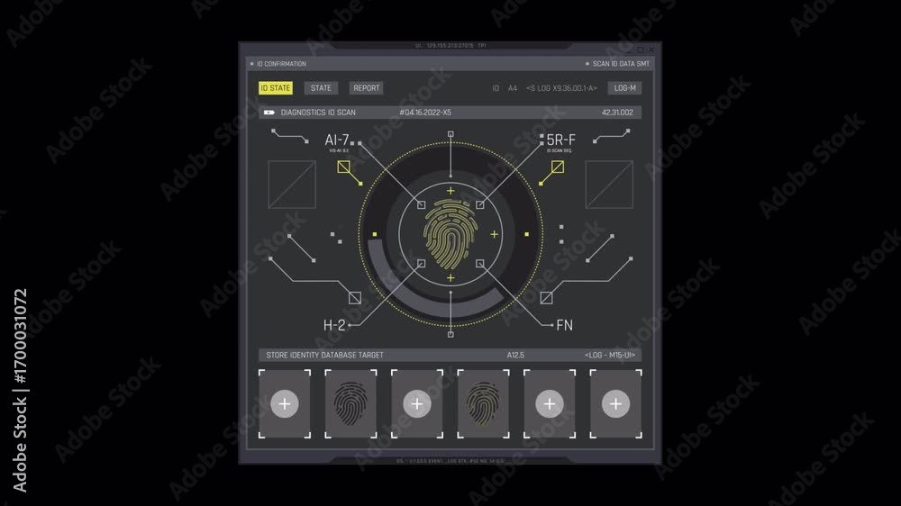 Futuristic Biometric Fingerprint Scanner Animation on a High-Tech HUD Interface for Security Identification.