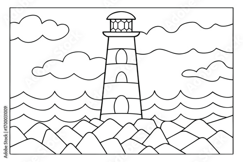 Lighthouse at Sea with Waves and Clouds Line Art Coloring Page ocean coast