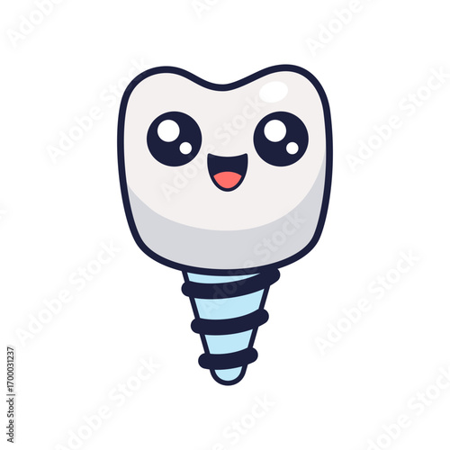 Dental Implant, healthcare, oral hygiene and treatment. Kawaii dental implant character. Vector isolated on white. Cute tooth implant