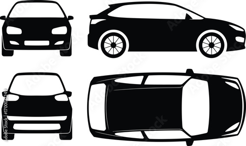 Car silhouette, front view, side view, rear view, top view, vehicle design, automotive illustration, transport, passenger car, sedan, four wheel drive