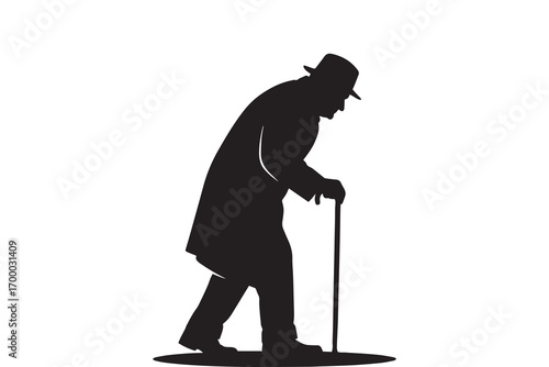 Old Man with Walking Stick Silhouette Vector
