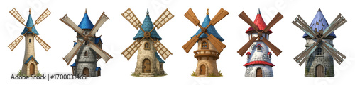 Windmill set including stylized stone, wooden, and weathered designs isolated. Fantasy game assets collection.