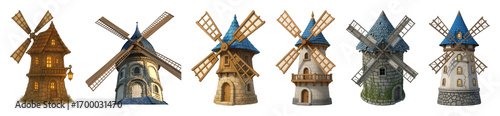 Windmill set including stone, wooden, medieval, and fantasy styles isolated. Digital art and game asset collection.