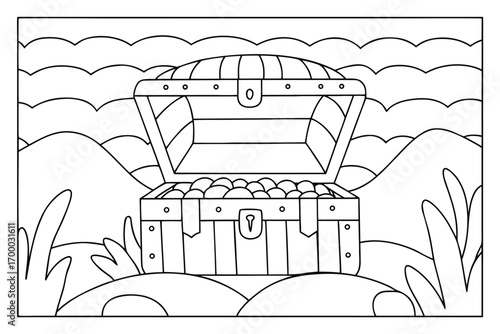 Open treasure chest filled with gold coins on a landscape with hills and plants pirate