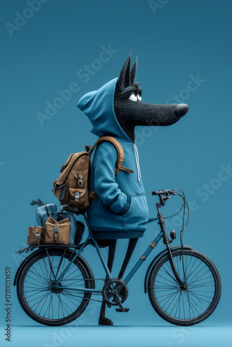 illustration of dog character wearing hoodie, riding bicycle, showcasing playful, adventurous spirit in setting with vibrant colors, textures. Creative animal concept. Isolated on solid backdrop