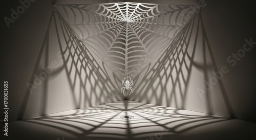 Intricate paper spiderweb art casts dramatic shadows in a minimalist corner