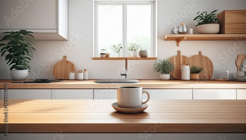 Wallpaper Mural minimalist white kitchen interior with a wooden countertop and a coffee cup bright and modern look for a fresh morning feel perfect for home decor and lifestyle themes ai Torontodigital.ca