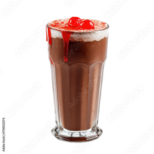 Indulging in a rich chocolate milkshake topped with whipped cream and bright red cherries