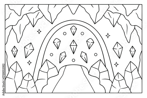 Outline drawing of a cave entrance with crystals and stalactites gems rocks