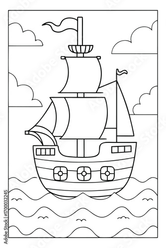 Outline drawing of a classic sailing ship with sails and flags on wavy sea and clouds boat ocean