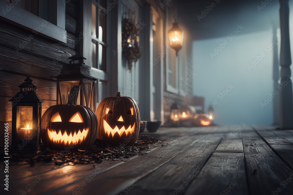 Fototapeta premium Spooky Halloween porch with glowing pumpkins at sunset 