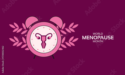 World Menopause Month banner. Female reproductive system in alarm clock with flowers. Medical poster, vector illustration.


