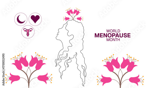 World Menopause Month banner. Female reproductive system in alarm clock with flowers. Medical poster, vector illustration.


