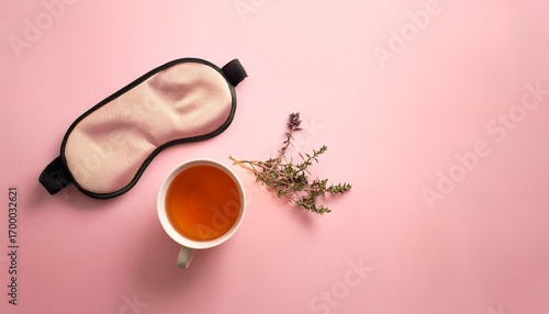 sleeping mask and herbal tea on pink pastel background minimal concept of rest quality of sleep good night insomnia relaxation