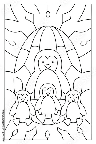 Outline drawing of a family of penguins under a large arch with abstract winter elements bird animal