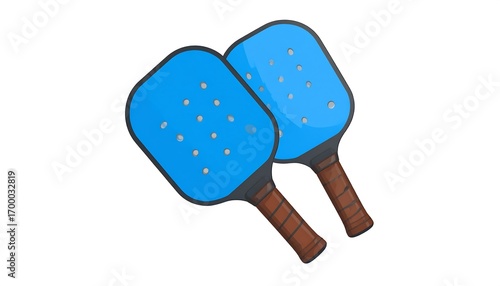 Two vibrant blue paddles with brown handles are displayed against a plain white background.