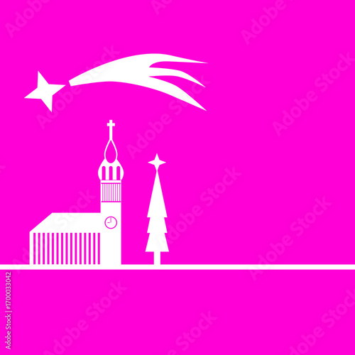 Vector monochrome illustration with a Christmas theme. Christmas illustration. White church with a Christmas tree and a falling comet on a light purple background. Place for text.