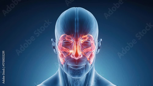 High Definition X-Ray of Human Head and Facial Bones Illustrating Sinusitis Infection Zones and Nasal Passage, Clinical Diagnostic Concept